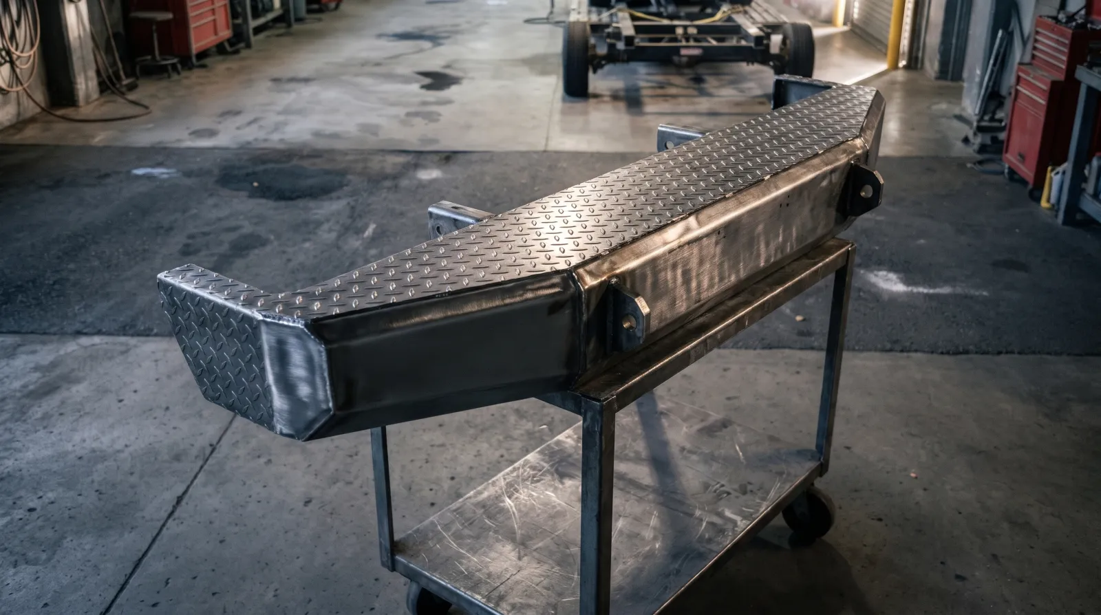 Illustrative diamond plate bumper on a workshop cart, showing folded metal and weld detail
