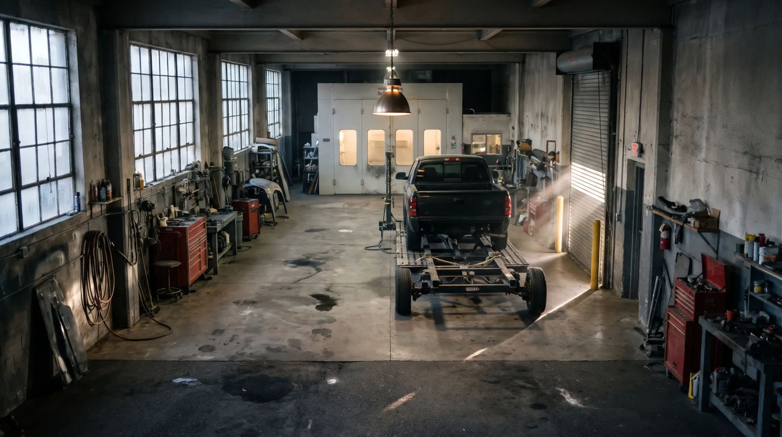 Illustrative morning light across a body shop with a truck on a frame rack